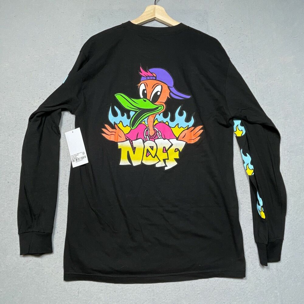 Neff Long Sleeve Shirt Men Medium Graphic Flame Black Skate Streetwear Y2K NWT